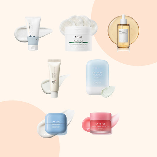 Glow 24h Pack – all 7 products: ROUND LAB cleanser, Anua pads, SKIN1004 ampoule, Beauty of Joseon Relief Sun, COSRX sun stick, LANEIGE Water Bank cream and LANEIGE Lip Sleeping Mask